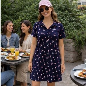 Kim Rogers Flamingo Print Cotton Shirt Dress Navy Pink Size Large